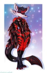 3_fingers 4_ears absurd_res anthro avali avian bird black_body black_clothing black_feathers black_latex black_sclera black_skinsuit bulge claws clothing digitigrade drone dronification feathered_wings feathers feet fingers fur gay gigamen glistening glistening_body hair hi_res highlights_(coloring) homosexual homosexual_male latex latex_clothing latex_skinsuit looking_at_viewer male male_focus male_only multi_ear muscular null_bulge red_body red_claws red_eyes red_highlights skinsuit slim_male smile smirk solo standing strawberrynightmilk tail tight_clothing toes white_body white_feathers winged_arms wings