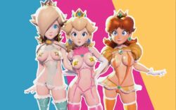 3d 3girls animated artist_name belly blonde_hair blue_background blue_eyes breasts brown_hair character_name clothing covered_breasts covered_nipples crisisbeat crown earrings elbow_gloves erect_nipples female female_only frills garter_straps gloves hips jewelry legs legwear leotard lingerie long_hair looking_at_viewer lower_body mario_(series) multiple_girls mushroom navel newgrounds nintendo nipple_bulge nipples open_mouth pasties pink_background platinum_blonde_hair princess princess_daisy princess_peach princess_rosalina revealing_clothes simple_background standing stockings strap straps super_smash_bros. text thighhighs thighs underwear upper_body voluptuous yellow_background