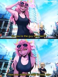 1girl 2koma ashido_mina ashido_mina_time-skip bakugou_katsuki black_sclera blonde_hair boku_no_hero_academia breasts colored_sclera colored_skin comic commentary dress english_commentary english_text highres horns impossible_clothes impossible_dress looking_at_viewer mina_ashido mina_ashido_time-skip my_hero_academia opalis open_mouth pink_hair pink_skin post-timeskip short_hair smile spiked_hair subtitled yellow_eyes
