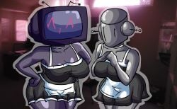2girls black_and_white_clothing black_eyes breasts chetoh cleavage clothed clothed_female eyes_closed female female_focus female_only grey_body hand_on_hip hand_over_breast maid_outfit no_mouth oc original original_character original_characters photo_background red_eyes red_face red_mouth robot robot_girl screen_face smile smiling smiling_at_viewer tv tv_head tv_head_robot tv_screen