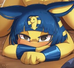 2025 animal_crossing ankha ankha_(animal_crossing) anthro artist_name ass_up bangs blue_eyeliner blue_hair blunt_bangs blush bob_cut bracelet cropped crossed_arms digital_media_(artwork) doggystyle domestic_cat eyeliner face_in_hands felid feline felis female from_behind_position full_version_at_paywall fur hair half-closed_eyes heart_eyes heart_symbol hi_res inside jewelry kettle lidded_eyes looking_pleasured lying makeup male male/female mammal narrowed_eyes nintendo nude offscreen_character offscreen_male on_front rilex_lenov sex shaking solo spread_legs spreading text trembling uraeus yellow_body yellow_fur