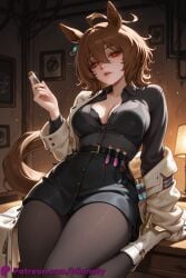 agnes_tachyon_(umamusume) umamusume 1girl animal_ears horse_ears breasts horse_girl pantyhose solo ahoge red_eyes brown_hair lab_coat shorts looking_at_viewer horse_tail test_tube tail black_shirt shirt long_sleeves jewelry cleavage holding_test_tube black_shorts holding hair_between_eyes earrings black_pantyhose belt collared_shirt bra open_clothes single_earring black_bra patreon_username parted_lips smile artist_name indoors short_hair medium_breasts underwear coat large_breasts black_belt messy_hair white_coat syringe sitting vial web_address twitter_username medium_hair off_shoulder lips open_coat head_tilt cosmetics chemical_structure hand_up lipstick_tube chemistry open_shirt shirt_tucked_in watermark collarbone sleeves_past_wrists blurry_background blurry sleeves_past_fingers thighs cowboy_shot mionety ai_generated