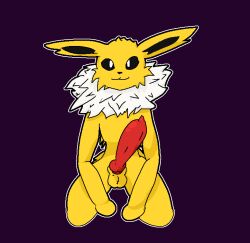 :3 animal_genitalia animal_penis anthro big_penis black_eyes black_nose coruptsic eeveelution erection fur gay generation_1_pokemon genitals homosexual homosexual_male huge_penis jolteon knot knotted_penis looking_at_viewer male male_focus male_only nintendo nude penis pokemon pokemon_(species) purple_background simple_background sitting sitting_on_ground smile solo white_body white_eyes white_fur yellow_body yellow_fur