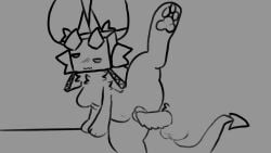 against_surface against_table anthro_female bat_ears box_head cute_face cute_furry dragon_tail furry furry_female horns one_leg_raised one_leg_up paws penetration pussy_penetration side_view spikey_penis stomach_bulge