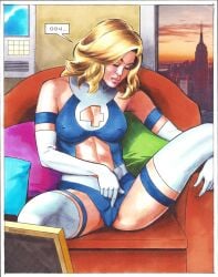 fantastic_four female invisible_woman marvel masturbation masturbation_through_clothing milf rebecca_(artist) solo sue_storm sue_storm_90s_costume