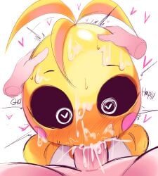 1boy 1girls animatronic anthro bib black_sclera blush chicken cum cum_in_mouth cum_on_face disembodied_hands fellatio female female_focus five_nights_at_freddy's five_nights_at_freddy's_2 hands_on_another's_head heart-shaped_pupils human male penis robot robot_girl rox_hoxten straight tagme toy_chica_(fnaf) toy_chica_(love_taste) white_background white_eyes