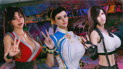 3d 3d_(artwork) 3d_render 3girls alternate_version_available black_gloves busty_female chun-li chun-li_(street_fighter_6) fatal_fury final_fantasy_vii final_fantasy_vii_remake looking_at_viewer mai_shiranui peace_sign smile_at_viewer street_fighter street_fighter_6 tifa_lockhart