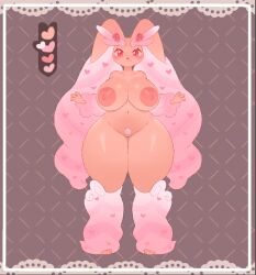 anthro big_breasts breasts color_swatch doily eyelashes female food fruit generation_4_pokemon genitals heart_symbol hi_res lopunny navel nintendo nipples nude pattern_background plant pokemon pokemon_(species) pubes red_eyes shgrcube shiny_lopunny shiny_pokemon simple_background solo strawberry thick_thighs vulva yellow_sclera