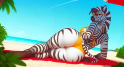 absurd_res ai_generated anthro beach big_butt bikini black_body black_fur black_hair black_stripes blue_sky breasts butt butt_focus clothing equid equine eyewear female fur hair hi_res looking_at_viewer looking_back mammal medium_breasts parasol plant sand scenery sea seaside sky solo stripes sunbathing sunglasses swimwear water white_body white_fur white_hair yellow_bikini yellow_clothing yellow_eyes yellow_swimwear zebra