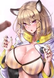 akehi_yuki animal_ears arknights bikini blonde_hair blush breasts busty cat_ears cat_girl cleavage covered_nipples dark-skinned_male dark_skin erection female huge_breasts jacket medium_hair nail_polish open_mouth penis purple_eyes purple_nails simple_background sweat swimsuit utage_(arknights) white_background