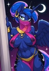 ai_generated friendship_is_magic my_little_pony princess_luna_(mlp) equid equine mammal winged_unicorn hi_res anthro bedroom_eyes belly_dancer black_nipples blue_body blue_fur blue_hair blue_scales clothing crown ear_piercing feathered_wings feathers female fur genitals gold_(metal) gold_jewelry hair harem_outfit horn jewelry looking_at_viewer moon narrowed_eyes nipples piercing pink_clothing pussy scales seductive sky solo spread_wings star starry_sky teal_eyes translucent translucent_clothing wings