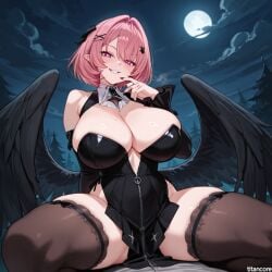 (titancore) ai_generated curvy_figure evil_grin female girl harpy_girl harpy_humanoid huge_breasts monster_girl pink_eyes pink_hair remielle_(zenless_zone_zero) remielle_dan revealing_clothes sexy_body short_hair thiren video_game_character wings zenless_zone_zero