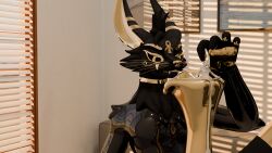 absurd_res anthro baito black_body black_fur blinds bodily_fluids clothing cock_vore cum darius_(baito) duo female fur genital_fluids genitals gold_(metal) hi_res kyuulin latex latex_clothing latex_skinsuit leaking_cum male male/female micro penetration penile penile_penetration penis skinsuit slim stare teeth tight_clothing vore white_body white_fur