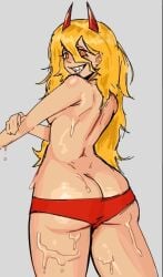 haddart power_(chainsaw_man) chainsaw_man tagme back_view looking_at_viewer looking_back blonde_hair long_hair demon demon_girl demon_horns horns yellow_eyes orange_eyes smile sharp_teeth semi_nude breasts wide_hips thick_thighs ass ass_focus panties wet wet_body topless