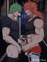 2boys abs annoyed bar_censor bara black_shirt black_tank_top blush breasts censored clenched_teeth clothes_lift clothes_pull commentary_request erection frottage gay gay_male grabbing_another's_penis green_eyes green_hair grin handjob highres huge_penis humiliation large_pectorals large_penis large_testicles long_hair looking_at_another male_focus male_pubic_hair mofu_teru multiple_boys muscular muscular_male navel nipples pants pants_pull pectorals penis penis_size_difference penises_touching precum pubic_hair red_hair shirt shirt_lift short_hair shorts small_penis small_penis_humiliation smile spiked_hair stomach tank_top teeth testicles thick_thighs thighs underwear veins veiny_penis yaoi