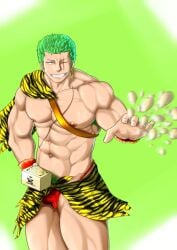 1boy abs bara beans beefy biceps big_areola breasts broad_shoulders bulge collarbone cosplay earrings frown fundoshi gay green_background green_hair grin half-dressed hi_res hunk japanese_male loincloth looking_at_viewer male male_only manly mature_male moobs motion_blur muscles muscular muscular_arms muscular_legs muscular_male muscular_neck muscular_thighs navel no_body_hair one_piece pecs pirate post-timeskip quadriceps red_fundoshi rokushaku_fundoshi roronoa_zoro scar scar_across_eye scar_on_chest scar_on_face setsubun six_pack smile solo standing syakenokumasan throwing throwing_object tiger_print topless tough_guy trapezius triceps wristband yaoi zoro zoro_(one_piece)