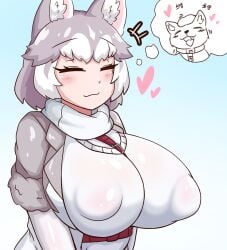 1girls big_breasts blush breasts dog_(mixed_breed)_(kemono_friends) female giant_breasts gigantic_breasts huge_breasts kemono_friends korean_text large_breasts massive_breasts sangchussam upper_body