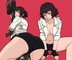 1girls ass ass ass_focus black_hair breast_squeeze breast_squish breasts breasts_squeezed_together bubble_butt capcom devil_may_cry devil_may_cry_5 exposed exposed_breasts female female_focus female_only fingerless_gloves gloves green_eyes gun heterochromia kiss_mark lady_(devil_may_cry) legs_apart legs_spread lipstick lipstick_mark mostly_clothed mostly_clothed_female multiple_poses open_clothes open_shirt red_eyes rocket_launcher scar scar_on_face scar_on_nose short_hair solo solo_female solo_focus squish squished_breasts straddling topless topless_female wolf_cut