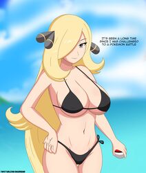 background beach belly belly_button big_breasts bikini bikini_bottom bikini_top bimbo black_bikini black_eyes blonde_hair bra breasts champion curvaceous curves curvy cynthia_(pokemon) female female_focus female_only grey_eyes hair hair_ornament hair_over_one_eye hand_on_hip hands_on_hips hips huge_breasts long_blonde_hair long_hair looking_at_viewer mature_female mature_woman midriff migi_rider milf navel nintendo nipples_visible_through_clothing pokemon pokemon_champion pokemon_dppt skimpy skimpy_bikini smile swimsuit wide_hips