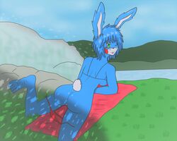 ass blue_body blue_hair blue_skin bunny_ear bunny_girl bunny_tail five_nights_at_freddy's five_nights_in_anime fnialover84 furry green_eyes nature_background panties_down rabbit_girl rabbit_tail resting river shades solo summer sunbathing towel toy_bonnie_(fnaf) water waterfall white_pussy