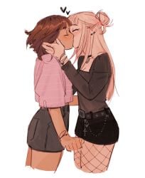 beybuniki boku_no_hero_academia fishnets kissing my_hero_academia tagme toga_himiko uraraka_ochako white_background yuri