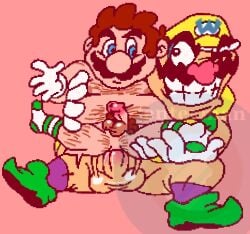 2boys anal anal_sex balls belly blue_eyes brown_hair clothing duo enterman facial_hair fat fat_belly fat_man gloves green_shoes grin hairy_male hat human human_on_human looking_at_another male male/male mario mario_(series) moustache nintendo nipples overweight overweight_male penis penis_in_anus pubic_hair sex socks super_mario_bros. wario white_gloves