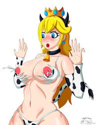 1girls 1other ambiguous_gender animal_bikini animal_print big_breasts bikini blonde_hair blue_eyes bodily_fluids breast_milking breasts clothing collar cow_bikini cow_print cowbell female female_focus grope hi_res humanoid lactating lactation long_hair mario_(series) milk nintendo pattern_clothing pattern_swimwear princess_peach simple_background swimsuit swimwear tail_tuft tuft video_games white_background wight-troox