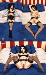 2d 2d_(artwork) 3girls 3koma anus areolae bed big_breasts bioshock bioshock_infinite black_hair blue_eyes boots bra breasts brown_hair burial_at_sea choker curvy elizabeth_comstock elizabeth_comstock_(burial_at_sea) feet female female_only fishnet_stockings garter_belt garter_straps highres inviting large_breasts laying_on_bed legwear lingerie long_hair lying lying_on_bed medium_hair nail_polish nipples one_breast_out painted_toenails pussy radprofile red_nail_polish red_nails sheer_legwear short_hair solo solo_focus spread_legs stockings tagme thighhighs toes