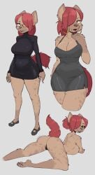 anthro ass breasts character_sheet demidoggo dress female glasses hyaenid hyena mature_female nude one_piece_dress red_eyes red_hair skirt smile solo_female