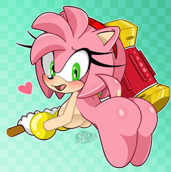 absurd_res accessory amy_rose anthro ass bent_over big_breasts big_butt blush bracelet breasts clothing eulipotyphlan eyelashes female gloves green_eyes hair_accessory hairband handwear heart hedgehog hi_res jewelry looking_back mammal nude open_mouth open_smile piko_piko_hammer pink_body presenting presenting_hindquarters sirenstudios smile solo sonic_(series) sonic_the_hedgehog_(series) standing video_games