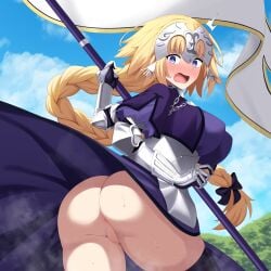 absurdres amibanottoki anus armor ass bare_legs barefoot blonde_hair blush breasts commentary_request dress fate/grand_order fate_(series) female highres jeanne_d'arc_(fate) kanchou knees_up looking_back no_panties purple_eyes pussy shoulder_armor solo