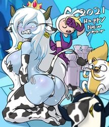 2021 3girls adventure_time ass big_breasts blonde_hair blue_skin blush blushing breasts butt cake_the_cat cartoon_network cat centinel303 color covering_breasts cow_ears cow_horns cow_print cow_tail cowbell crown embarrassed fionna_the_human_girl happy_new_year ice_queen_(adventure_time) lactation milk milk_bottle milking sharp_teeth thighhighs topless white_hair year_of_the_ox