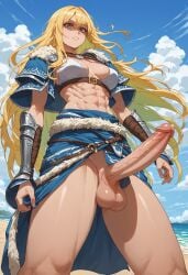 1futa abs ai_generated armor athletic athletic_futanari beach clouds futanari large_penis long_hair partially_clothed penis sand self_upload sky solo stable_diffusion testicles water