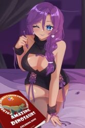 1girls bed blue_eye blush book breasts cha_cha_(vtuber) cleavage coloring_book earrings female female_only huge_breasts indie_virtual_youtuber looking_at_viewer lunairis_(imlunairis) on_bed one_eye_closed pen purple_hair seductive smile solo virtual_youtuber wink