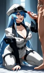 ai_assisted ai_generated akame_ga_kill! ayakonarts blue_eyes erection esdeath_(akame_ga_kill!) handjob open_mouth penis uncensored