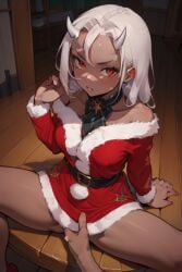 ai_generated calamitas calamity_mod grey_body horns horns_girl house male/female male_hand santa_costume terraria white_hair witch