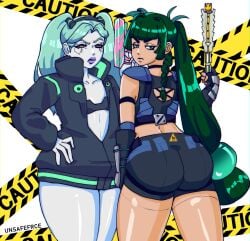 2girls angry ass ass_focus big_ass blue_hair caution_tape cyberpunk cyberpunk:_edgerunners cyborg disgusted female female_only firearm flat_chest green_hair gun guns handgun hips human jacket lipstick looking_at_viewer outerwear pale_skin qingyi_(zenless_zone_zero) rebecca_(edgerunners) robot shorts thick_thighs thighs twintails unsafefrce viewed_from_behind weapon zenless_zone_zero