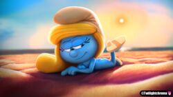 16:9 ass beach blonde_hair blue_body blue_eyes blue_skin breasts detailed_background digital_media_(artwork) female hair hi_res humanoid long_hair nipples not_furry nude pose sand seaside smile smurf smurfette solo the_smurfs twilightchroma widescreen