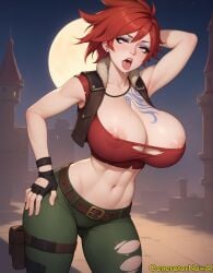 1girls ahe_gao ai_generated armpits big_breasts borderlands_2 breasts cleavage fire_hawk generatornowai large_breasts lilith_(borderlands) looking_at_viewer model_pose nipple_peek nipple_slip nipples nipples_visible_through_clothing no_bra outdoors red_eyes red_hair short_hair solo tagme tattoo torn_clothes