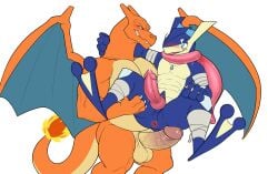 animal_genitalia anthro balls blush charizard duo erection generation_1_pokemon generation_6_pokemon genital_slit genitals greninja hi_res humanoid_genitalia humanoid_penis male male/male muscular muscular_male nintendo penis pokemon pokemon_(species) seyrmo smile wings