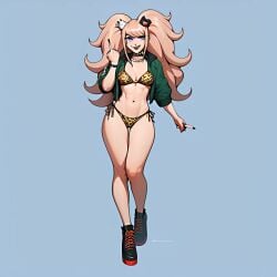 ai_generated ai_hands bad_anatomy bikini blonde_hair cheeky danganronpa danganronpa_(series) danganronpa_3 hair junko_enoshima leopard_print_bikini middle_finger standing walking