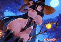 ai_generated curvy_figure eve_(stellar_blade) evilkuro05 halloween halloween_theme highleg_leotard sexy shift_up standing stellar_blade voluptuous_female witch witch_hat