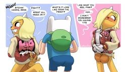 1boy 1futa adventure_time anthro anthro_futa balls blonde_hair blush bottomless bronwyn canine cartoon_network cothswoller dialogue erection erection_under_clothes erection_under_shirt finn_the_human flared_penis futa_focus futa_on_male futa_sans_pussy futanari hair_over_one_eye hi_res highres hoodie horn huge_balls huge_cock human hyper_futa hyper_penis orange_fur part_of_a_set speech_bubble wagging_tail