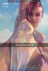 1girls 3d areolae big_breasts blender breasts cd_projekt_red cyberpunk_2077 female female_only forceballfx judy_alvarez large_breasts looking_at_viewer nipples snapchat solo