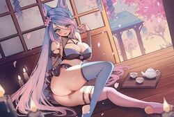 animal_ear_fluff animal_ears armwear ass beyumi blue_eyes blue_hair blush blushing cleavage clothed_female detached_sleeves detailed_background ear_tuft flowers_in_hair indie_virtual_youtuber large_breasts leggings licking_lips light-skinned_female ms._cloud panties pink_hair propped_up ruffled_skirt sakura_petals silvervale sleeves tail tea_cup tea_pot tongue_out two_tone_hair virtual_youtuber voluptuous vshojo youtube youtuber