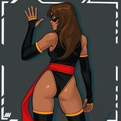 ai_generated back_view brown_body brown_eyes brown_hair brown_skin brown_skinned_female gray_background heroine kamala_khan long_boots long_gloves marvel marvel_comics ms._marvel ms._marvel_(carol_danvers)_(cosplay) ms._marvel_(kamala_khan) muslim muslim_female nerd pakistani pakistani_female scarf slut_collar superhero superheroine