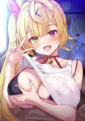 1boy 1girl asymmetrical_hair bikini bikini_under_clothes black_bikini blonde_hair blue_nails blurry blurry_background blush breasts cleavage clothes_lift commentary_request ebi_193 female fingernails grabbing_own_breast hair_intakes heterochromia highres hoshikawa_sara hoshikawa_sara_(1st_costume) large_breasts lifting_own_clothes long_hair looking_at_viewer nijisanji oerba_yun_fang open_mouth paid_reward_available paizuri paizuri_under_clothes pink_eyes pov pov_crotch shirt_lift side_ponytail skin_fang smile solo_focus straight swimsuit tank_top upper_body v very_long_hair virtual_youtuber white_tank_top yellow_eyes