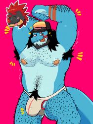 armpit_hair body_hair body_swap bulge clothing gay glaskeru hairy hat headgear headwear hi_res jockstrap lizard male reptile scalie solo underwear