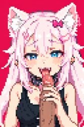 1boy animal_ear_fluff animal_ears bangs black_shirt blue_eyes blush breasts cat_ears closed_mouth collar extra_ears fellatio female hair_between_eyes hair_ornament long_hair looking_at_viewer mosaic_censoring nyatasha_nyanners oral penis penis_grab pink_hair pixel pixel_(artwork) pixel_art pixelated pixelated_penis red_background shirt simple_background smile smug smug_face sniff sniffing sniffing_penis solo_focus straight upper_body virtual_youtuber yumekomoore