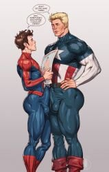 2boys abs abs_visible_through_clothing athletic_male bara barely_contained bubble_butt captain_america dicks_touching dumptruck_ass dumptruck_butt lytta_the_bug marvel marvel_comics peter_parker precum precum_on_penis revealing_clothes side_ass skimpy_clothes skintight spider-man steve_rogers yaoi